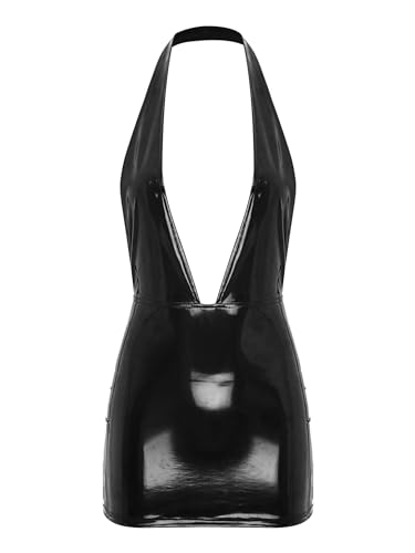 Alvivi Micro Robe Ultra Courte Cuir Simili Harnais Robe Courte Catsuit Dos Nue Taille Ajustée Halter Bandage Femme Sexy Robe Tentation Nightwear S-L Noir F S