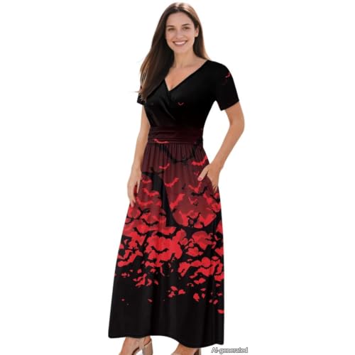 Image of Women's Fall Summer Short Sleeve Ankle Length V-Neck Party Dress with Pockets Size S-3XL