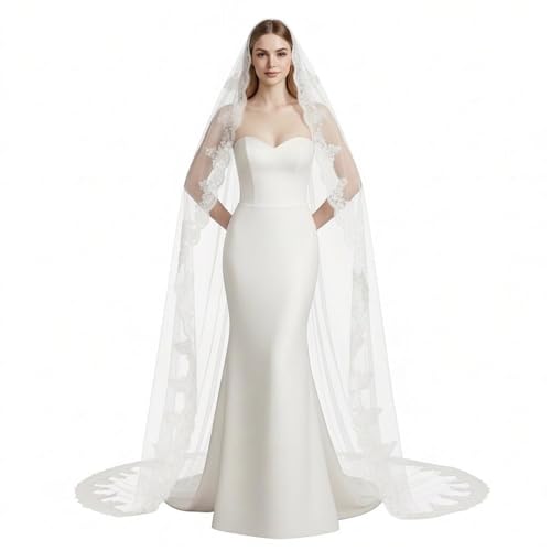 Aowrikg Cathedral Length Wedding Veil Lace Veil Soft Tulle Bridal Veils with Comb 118 (Off White) (Off White-1Tier)