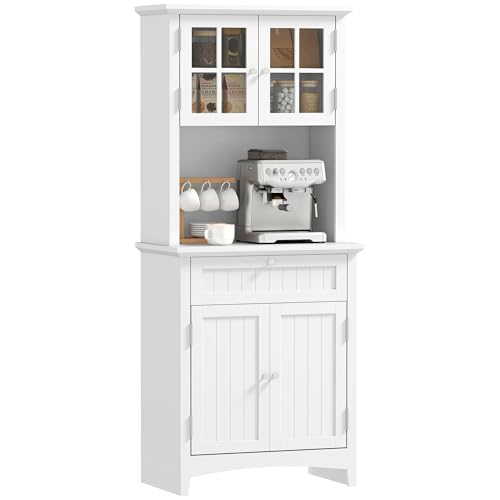 Image of HOMCOM Elegant Buffet with Hutch, Kitchen Pantry Storage Cabinet with Framed Glass Door Drawer and Microwave Space for Dining Room, Living Room, White