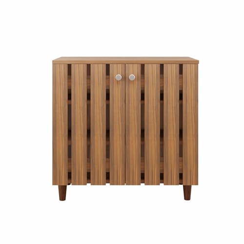 Image of VIKI | Shoe Rack with Window Pattern Ventilated Doors, Shoe Storage,Shoe Cabinet for Hallway, Organizer Unit for Entryway, Width 73cms, Brussel Walnut Colour | 1 Year Warranty