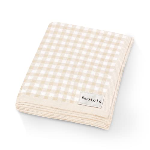 Image of Bleu La La Checkered Baby Blanket Swaddle - 100% Soft Cotton Quilt Swaddling Crib Stroller Blanket for Nursery Bed Shower Baby Gift Registry for Newborns Toddlers Boys & Girls (Plaid - Beige)