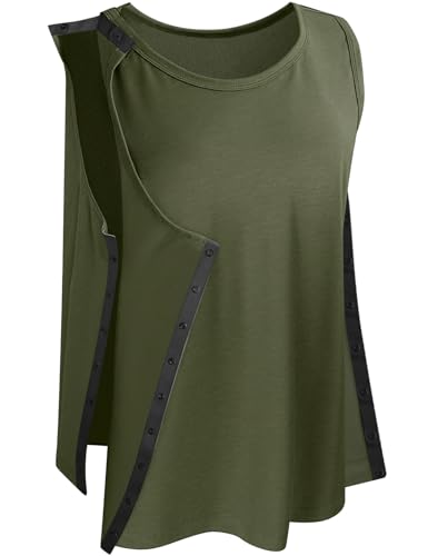 Unisex Post Shoulder Surgery Tank Tops Snap Open Tearaway Shirt Arm Chest Recovery Side Snap Access Tear Way Sleeveless Shirts -(Green,Small)