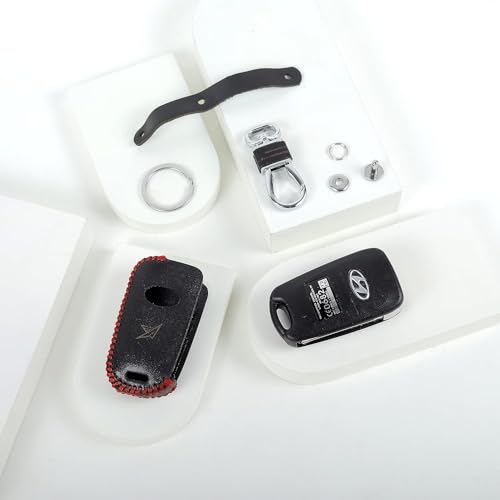 Image of Leather Smart Car Key Cover Case with Metal Hook Keychain for i Old I 20, Old Verna, Old Elentra (Black)