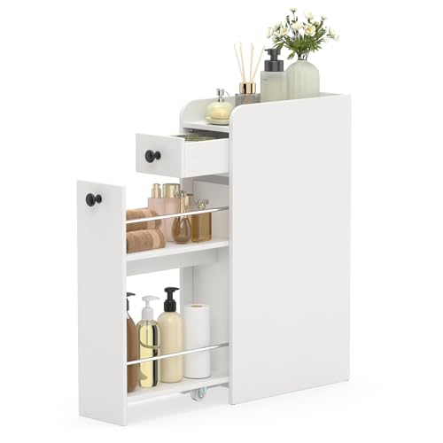 GIANTEX Petit Meuble Salle de Bain à 2 Tiroirs, Meuble WC Etroit avec 2 Roues, Dispositif Anti-Basculement, Rangement Toilette WC Petit Espace, Meuble Papier...