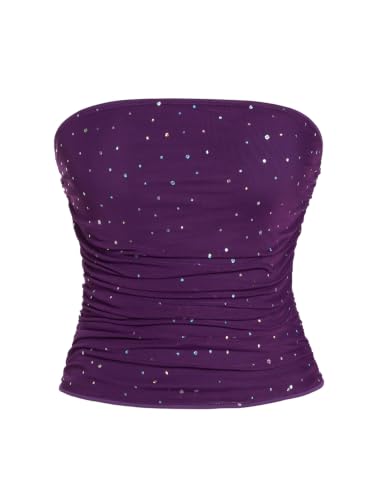 Image of Floerns Women's Rhinestone Sleeveless Bandeau Party Corset Sequin Tube Top | Strapless, Glitter, Sparkly, Mesh, Club, Going Out, Concert Outfit Top