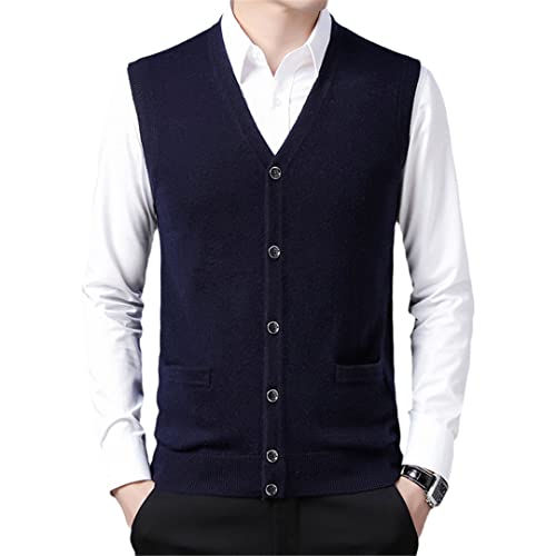 Men's Cashmere Blended Sweater Vest Slim Fit V-Neck Sleeveless Cardigan with Front Button Casual Tops
