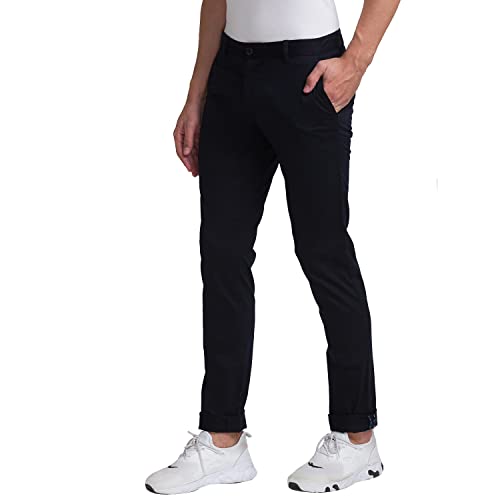 Image of Parx Men's Cotton Blend Plain+Dobby Pattern Low Rise Tapered Fit Flat Front Casual Trouser