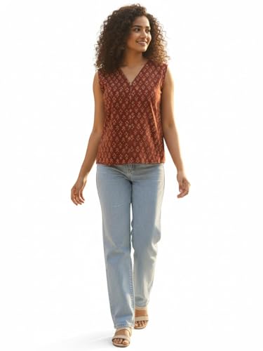 Image of Varanga Women Buti Printed Cotton Top | Sleeveless V-Neck | Bohemian Style | Lightweight & Breathable | Effortless Everyday Casual Wear