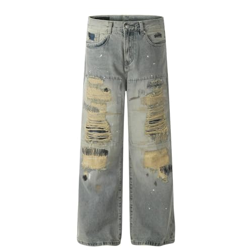 Jeans Pants Trousers Denim Street Trendy Washed Dirty Hole Loose Straight Leg for Men