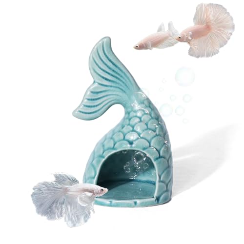 Image of Blue Aquarium Decor Ceramic Mermaid Tail Betta Fish Tank Cave