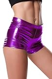 Womens Metallic Rave Booty Shorts Faux Leather Shorts Shiny Hot Pants Bottoms for Dance Festival (Small, Purple)