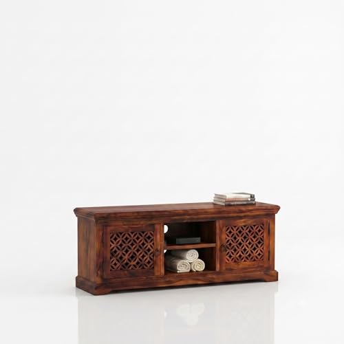 Image of Sheesham Wood Entertainment TV Unit Cabinet with 2 Drawer and 2 Shelf Storage for Home Living Room Solid Wooden Furniture for Hall & Office Decor - (Honey Finish)
