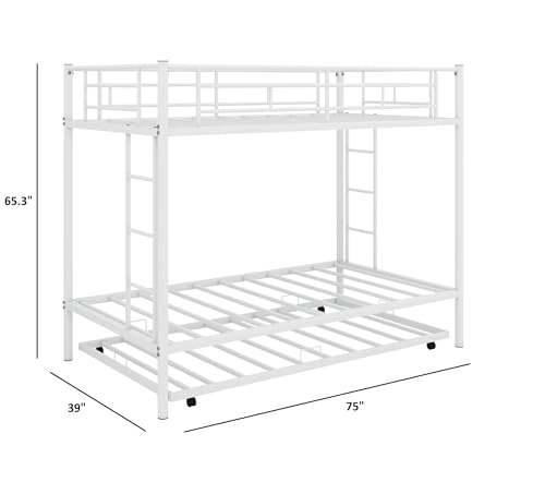 Image of Metal Bunk Bed with Trundle | Heavy Duty Triple Sleeper Bed Frame | Space Saving Double Deck Bed with Ladder & Safety Guard Rails for Kids & Adults | White | 75 inch x 39 inch x 65.3 inch