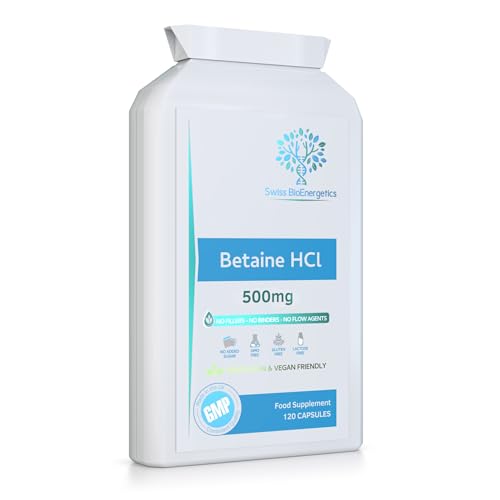 Betaine HCl 500mg per Capsule - 120 Vegan Capsules | High Strength Betaine Hydrochloride | No fillers No Binders & No Flow Agents | Non-GMO Gluten Free & SOYA Free | Made in The UK
