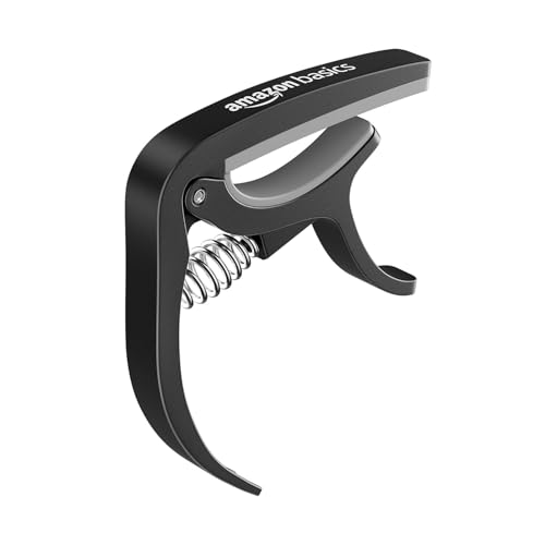 Image of Amazon Basics Guitar Capo with Pin Remover | Heavy Duty ABS Material | Versatile Fit | For Acoustic & Electric Guitar, Ukulele and Banjo | Buzz Free (Black)