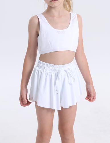 Flowy Butterfly Shorts for Girls 2-in-1 Athletic Running Skirt Shorts Cheer Tennis Dance Preppy with Spandex Liner(Black,White,L)