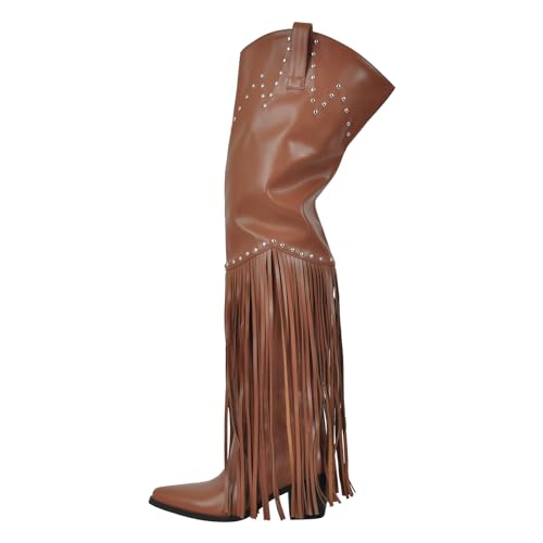 Image of richealnini Western Thigh High Cowboy Boots with Fringe Over Knee Wide Calf Cowgirl Boots
