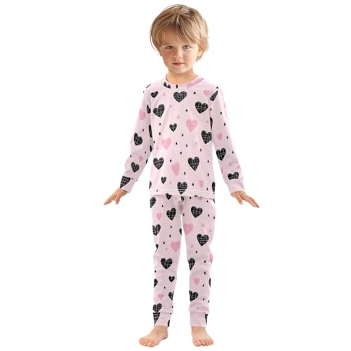 Fustylead Cute Pink and Black Heart with Grid Design Pajamas Cotton Sleepover PJ Set Long Sleeve Lounge Wear3