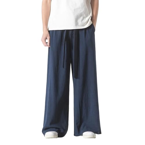 Wide Leg Pants Men Linen Cotton Solid Color Loose Japanese Style Casual Trousers