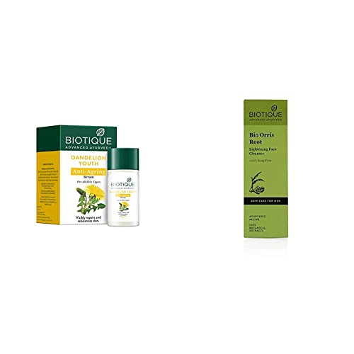 Image of Biotique Bio Dandelion Visibly Ageless Serum, 40 ml and Biotique Bio Orris Root Lightening Face Cleanser for Men, 100% Soap Free, 120ml
