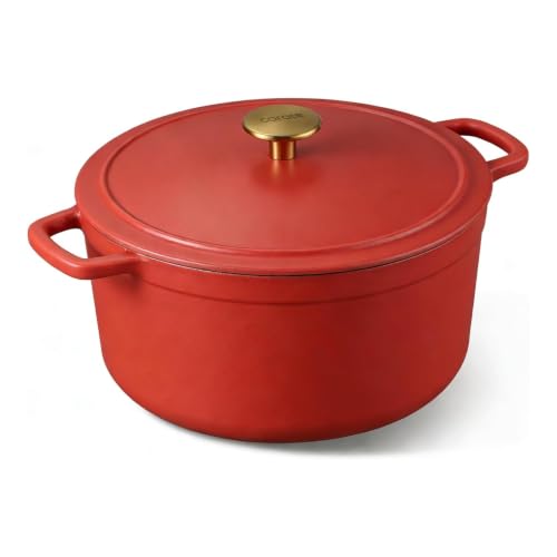 Image of CAROTE 4.7 Litre Enameled Cast Iron Dutch Oven with Lid - Biryani Pot | Gas & Induction Compatible | Oven Safe up to 260C | Even Heat Retention | Red