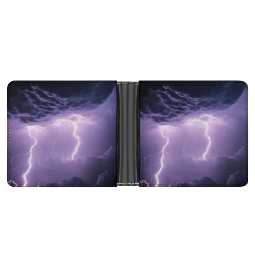 Pu Leather Bifold Wallet for Men Waterproof Credit Card Holder Purse with Card Slots Purple Lightnings Art Wallet for Office Travel