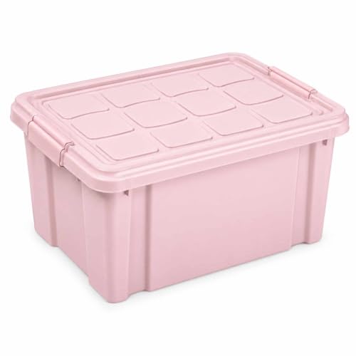 Cubo de almacenaje con tapa, Contenedor de plástico para almacenar libros, ropa, mantas, 42 x 36 x 25 cm, 25 litros de capacidad, Rosa