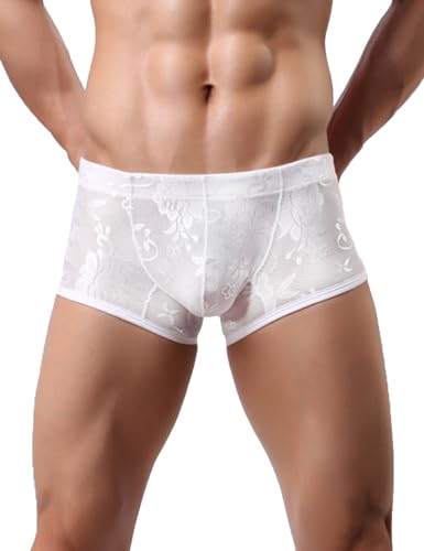 Men's Sexy Boxer Briefs Lace Underwear Breathable Cheeky Underpants Soft Bikini Stretch Trunks with Pouch S-2XL