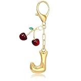 Yonuni Llavero con inicial de burbujas con cereza, dijes dorados para bolsa, para mujer, bonito bolso de mano, accesorios de regalo, j, Standard