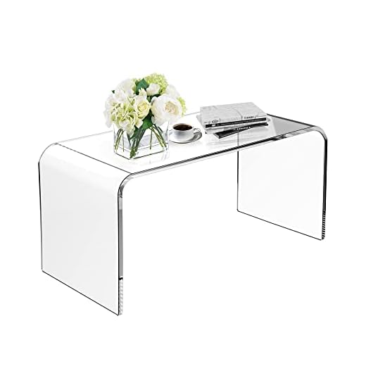 WAHFAY Acrylic Coffee Table with PVC Cover Protector, 32" L x 16" W x 16'' H Modern Waterfall Coffee Table for Living Room, Clear Rectangle Lucite Table with Round Edges