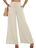 AusLook Women's Wide Leg Dress Pants with Pockets Ivory Small Lightweight Elastic High Waisted Adjustable Tie Knot Flowy Loose Slacks Lounge Casual Ladies Beach Pleated Trousers