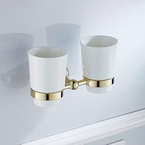 ALYHYB Double Toothbrush Holder for Bathroom Wall Mounted Ceramic Tumbler Holder With Frosted Ceramic Cup Toothpaste Razor Organizer Bathroom Storage, Brushed Gold,brass Cover