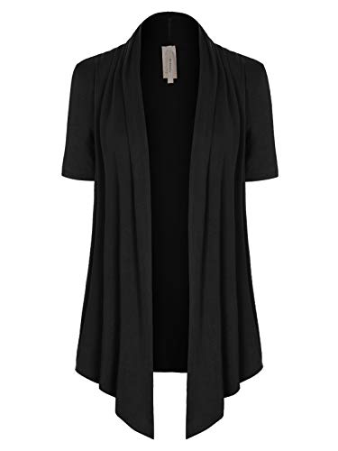 Mixmatchy Women's [Made In Usa] Solid Jersey Knit Short Sleeve Open Front Draped Cardigan (S-3Xl) Black 2Xl #TOP19