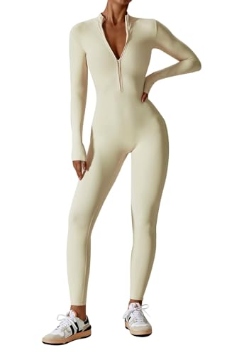 ECUPPER Women Long Sleeve Bodycon Jumpsuits Workout Zip Up Unitard One Piece Full Bodysuits Sexy Yoga Rompers Pants