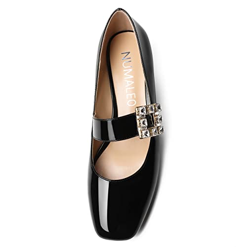 NUMALEO Womens Rhinestone Ankle Strap Wedding Dress Square Toe Patent Bungee Solid Chunky Low Heel Pumps Shoes 1.5 Inch3