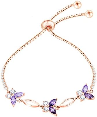 Nieboa S925 Sterling Silver Purple Butterfly Bracelets for Women,Cute and Charm Wrist Bracelets Jewelry Gift for Women Teen Girls… (Rose Gold)