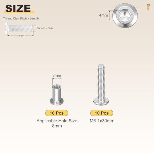 Image of METALLIXITY Crib Screws Replacement Set(M6-1x30mm) 20Pcs, Stainless Steel Connector Bolts M6 Screw Barrel Nuts Binding Screws, for Chair Cabinet Bed, Silver