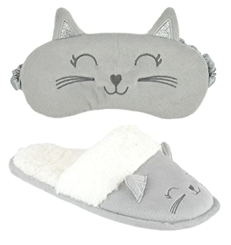 Image of Ladies Matching Cat Slipper and Eyemask Boxed Gift Set - Cat Lovers Gift (M, medium)