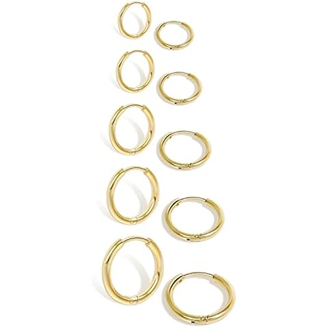 Small Gold Hoop Earrings Lightweight: Hinged Huggie Hoop Earrings for Lobe Cartilage Helix Tiny Hoops Earrings in Gold Plated Silver Black for Women Men (Set of 1 - 5 Pairs) (14K Gold - 6mm/7mm/8mm/9mm/10mm) Cover