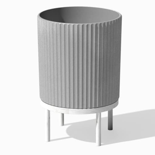 Image of Veradek Demi Series Raised Planter - Round Planter with Stand | Made From a Durable Plastic-Stone Composite & Comes With Wooden Stand. Modern Porch /Patio Decor