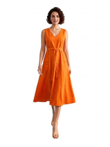 Image of PURVAJA Women's Fit & Flared Midi Length Sleeveless V-Neck Solid Dress
