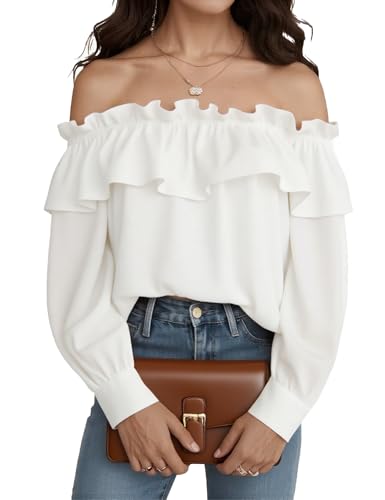 Prettywear Women's Sexy Off Shoulder Tops Long Sleeve Ruffle Blouse Flowy Going Out Shirt Oversized(White,M)