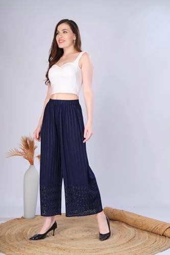 Image of VIVIKA Chikankari Palazzo Pants for Women |Rayon Wide Leg Ethnic Palazo with Embroidery | Comfortable Elastic Waist Women's Palazzo for Casual, Festive & Office Wear