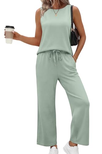 Image of SAMPEEL Two Piece Sets for Women Summer Outfits Beach Vacation Clothes Wide Leg Crop Pants