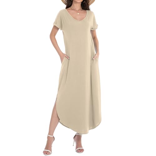 Image of Matchstick Women's Flowy Maxi Dress V-Neck Relaxed Loose Fit Short Sleeve Casual Sundress with Pockets Side Split Beach Dress