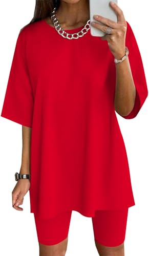Ekouaer Women Cotton Lounge Sets Summer Outfits T-Shirt Top and Biker Short Set 2 Piece Matching Tracksuit Fashion Red Small
