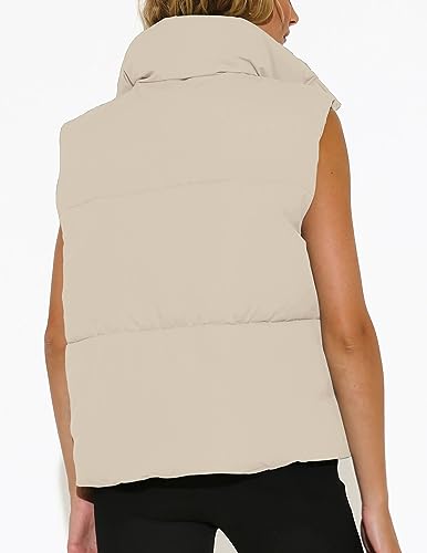 MIROL Women's Sleeveless Cropped Puffer Vest Zip Up Stand Collar Button Down Winter Crop Jackets Outwear Vest with Pockets3
