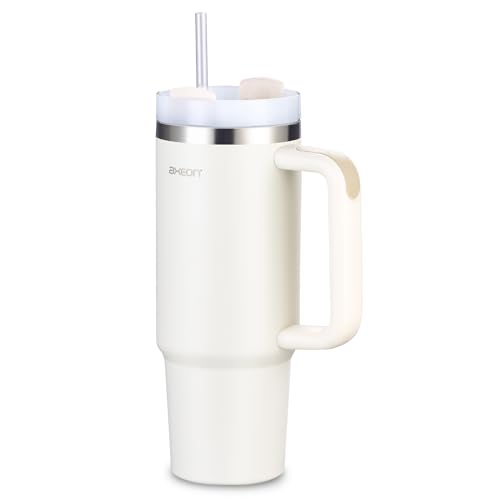 Image of AXEON Stainless Steel Tumbler with Handle & Straw - 900ml | Double Wall, Reusable & Leak-Proof Stanley Sipper | Travel Coffee & Cold Drink Cup for Gym, Office & Travel, Cream Colour