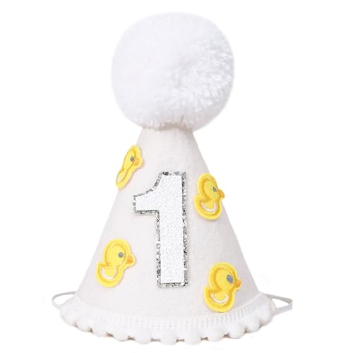 Little Yellow Duck 1st Birthday Party Hat - Duck Themed Cake Smash Decor, Yellow & White Cone Hat for Boys & Girls